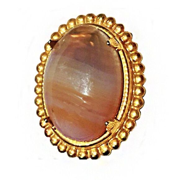 VINTAGE BANDED AGATE OVAL CABASHON BEADED GOLD - Picture 1 of 4